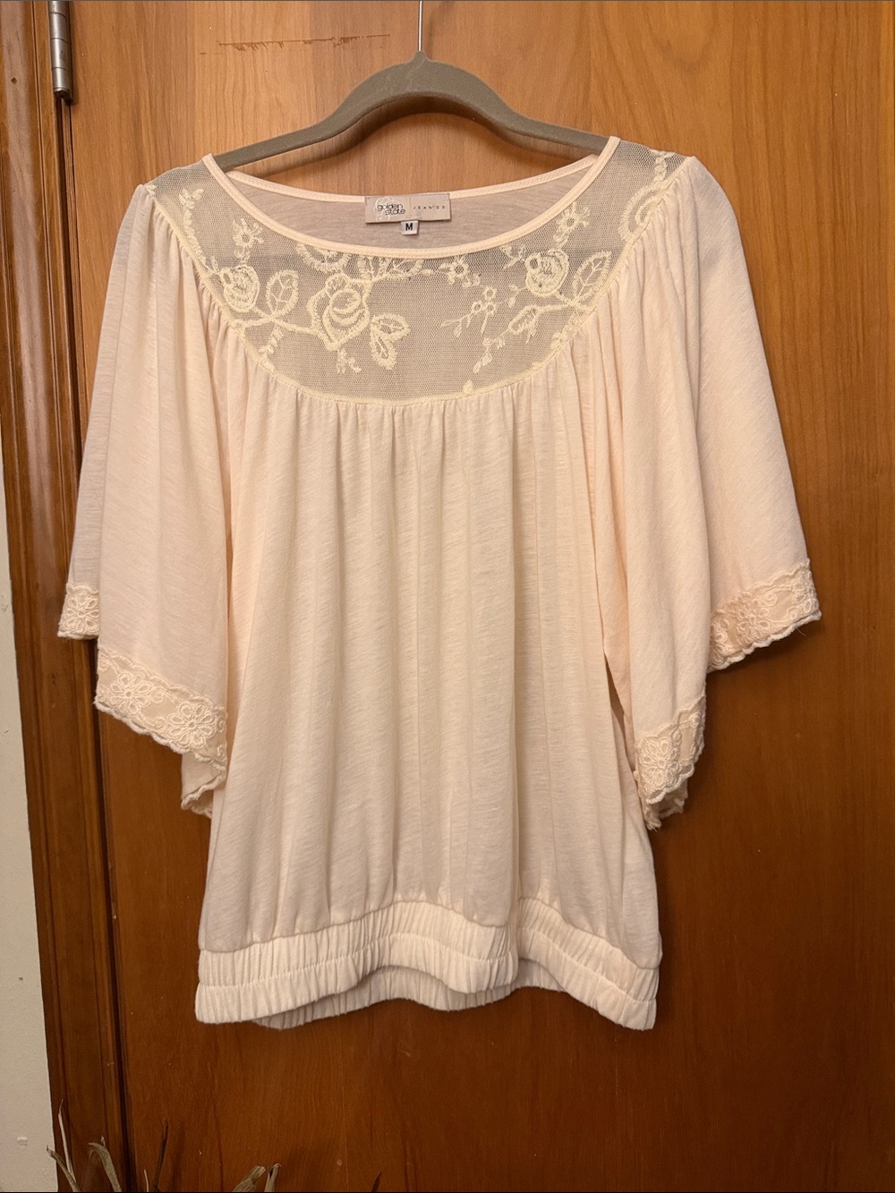 Embroidered Lace Yoke Cream Blouse with Flutter Sleeves